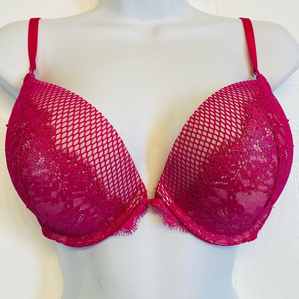 Victoria's Secret Push-Up Bra Size 34DD Magenta Lace Fishnet Very Sexy Underwire